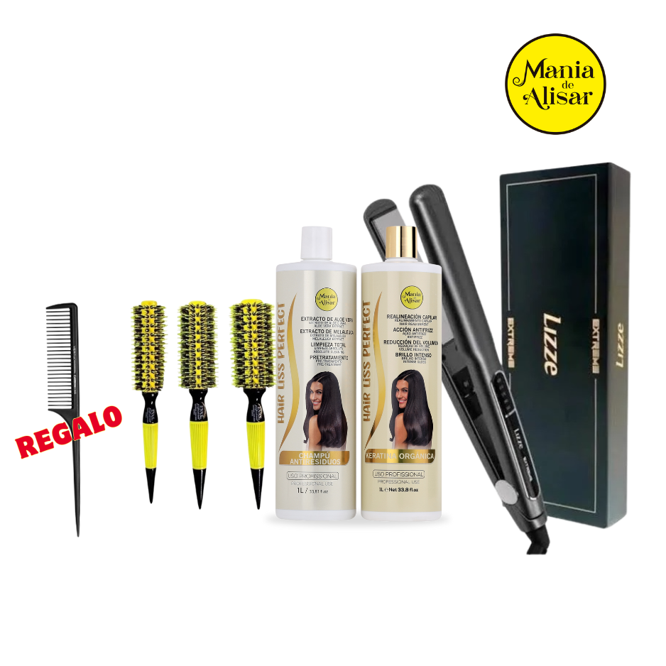 Hair Liss Perfect Keratin Kit + Flat Iron + 3 Brushes + FREE Gift
